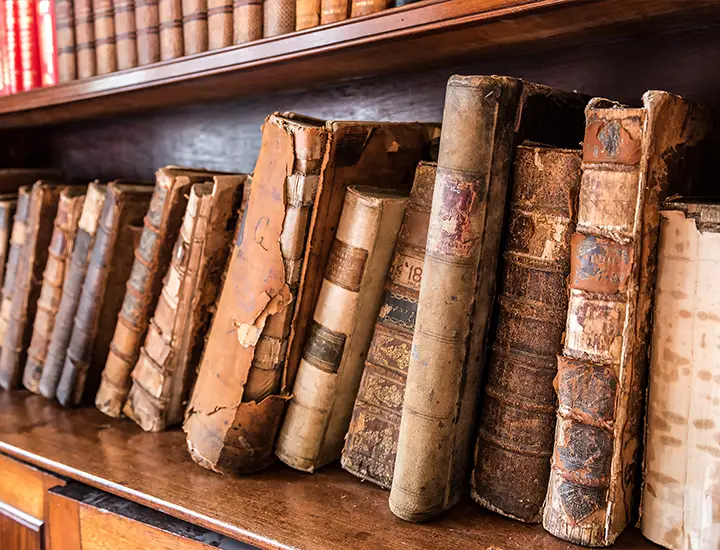 bookshelf with old books in the castle