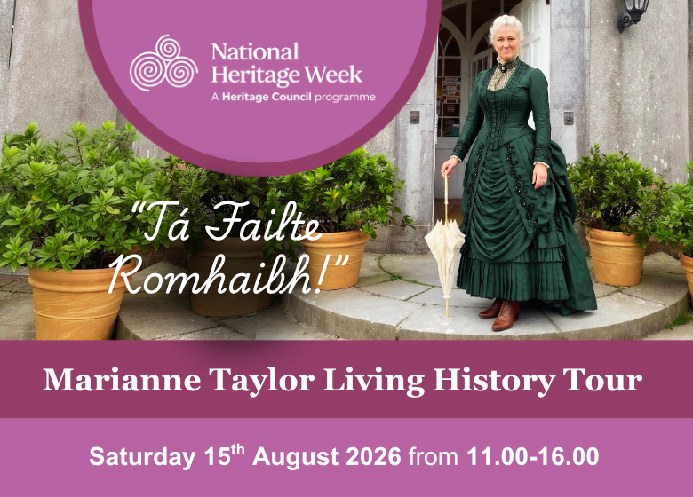 Marianne Taylor in green dress holding an umbrella in front of castle